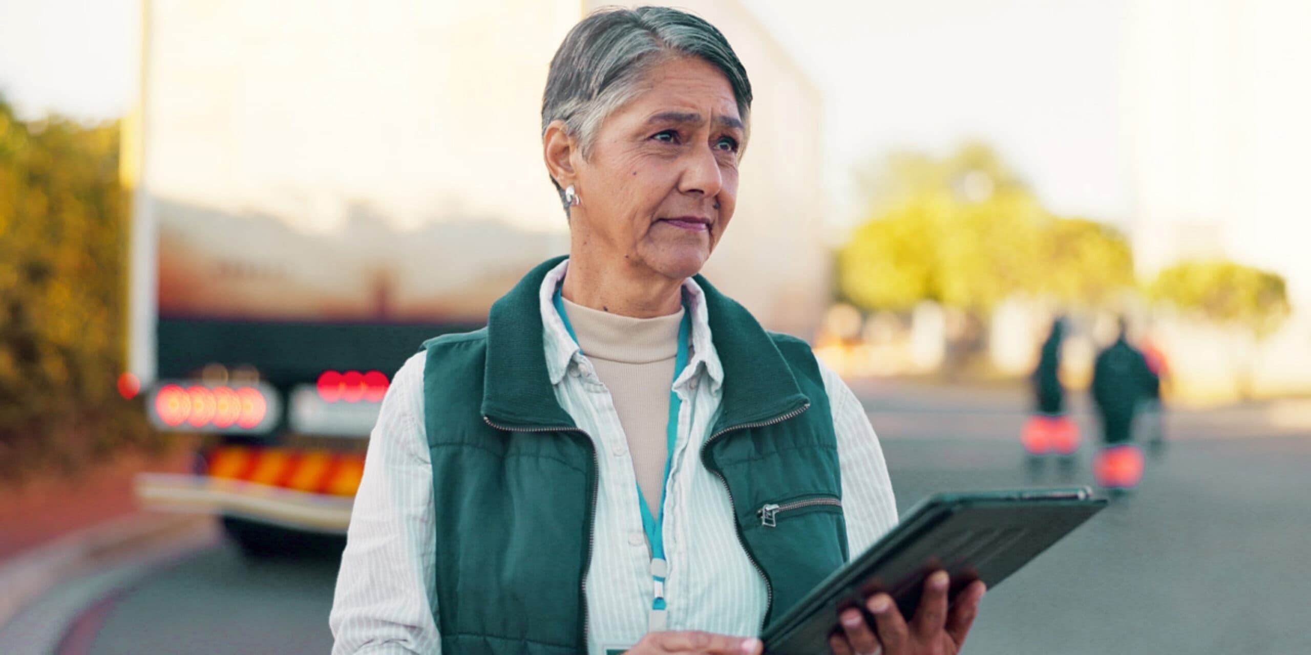 Woman with iPad checking the haul on a semi truck