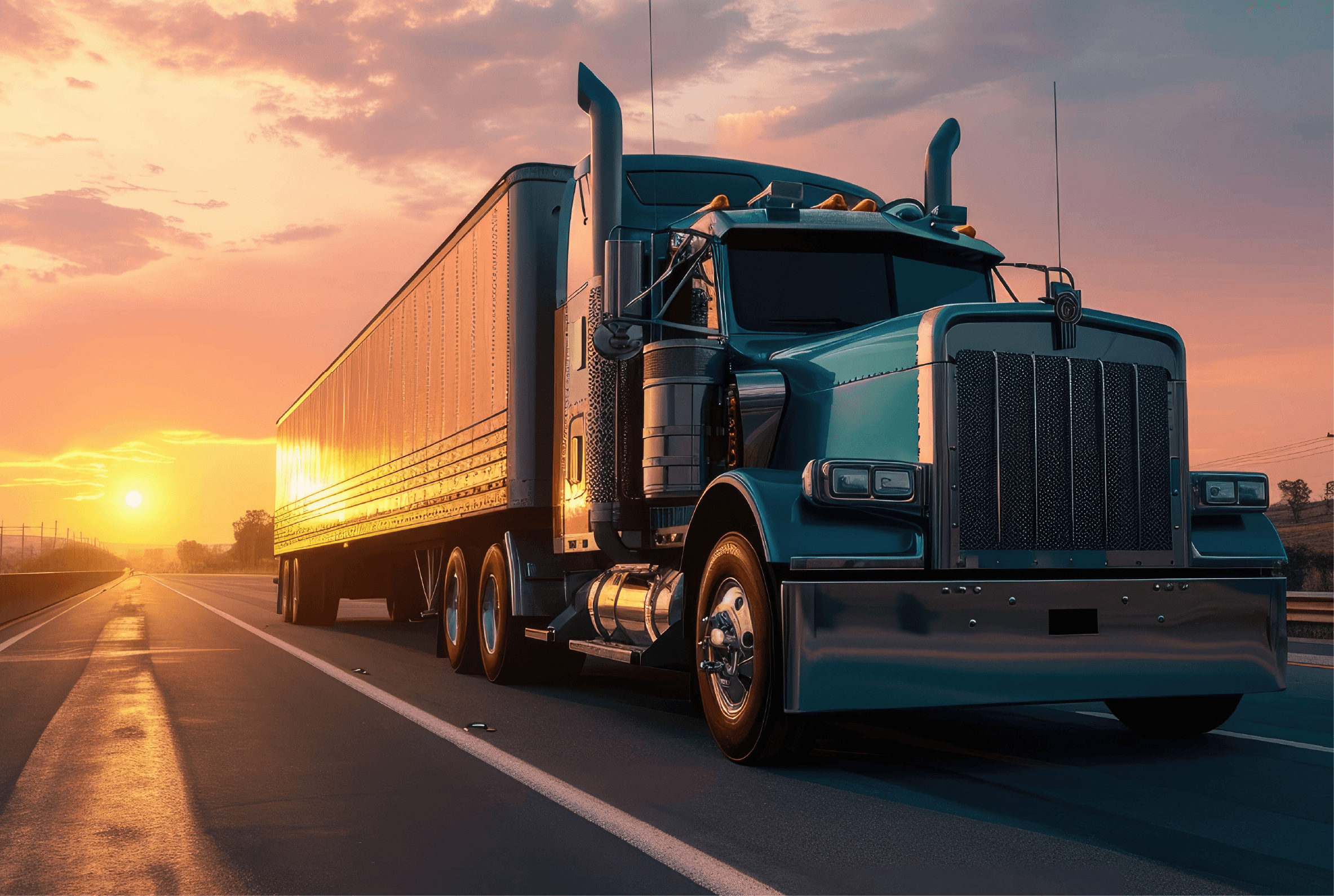 Semi truck driving in the sunset