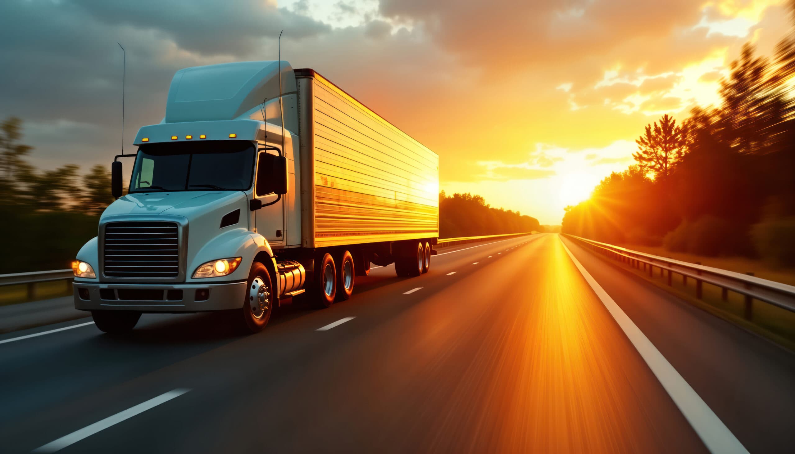 Semi truck driving on highway with sunset