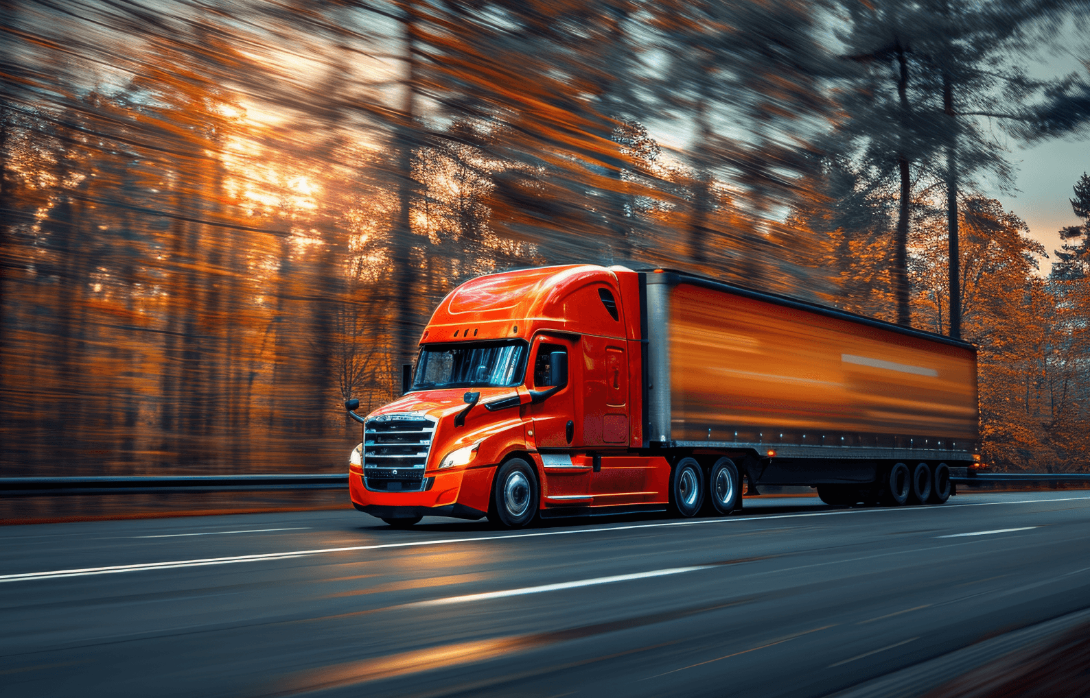 Red/orange truck driving on the road