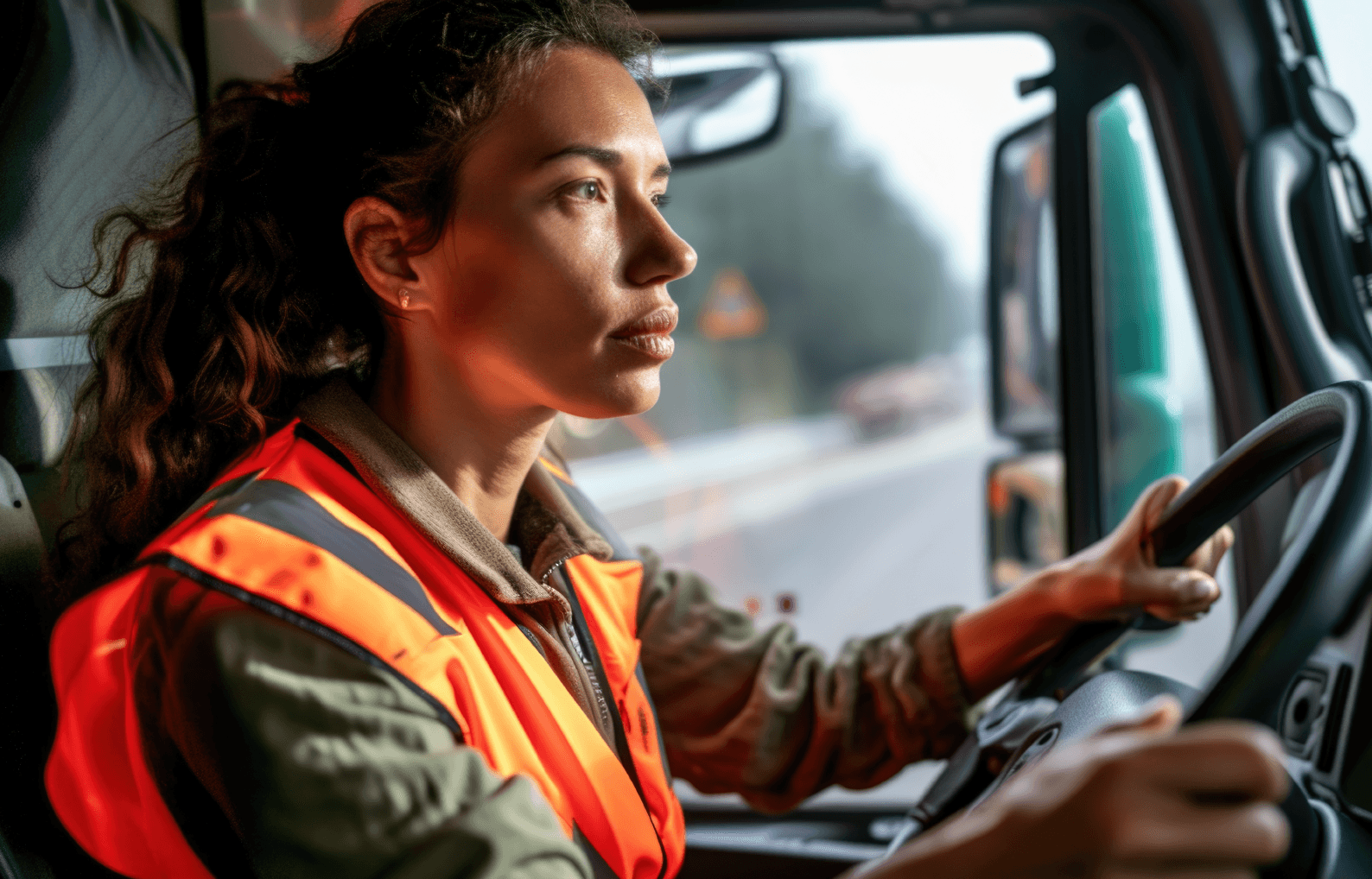 young woman driving a semi truck