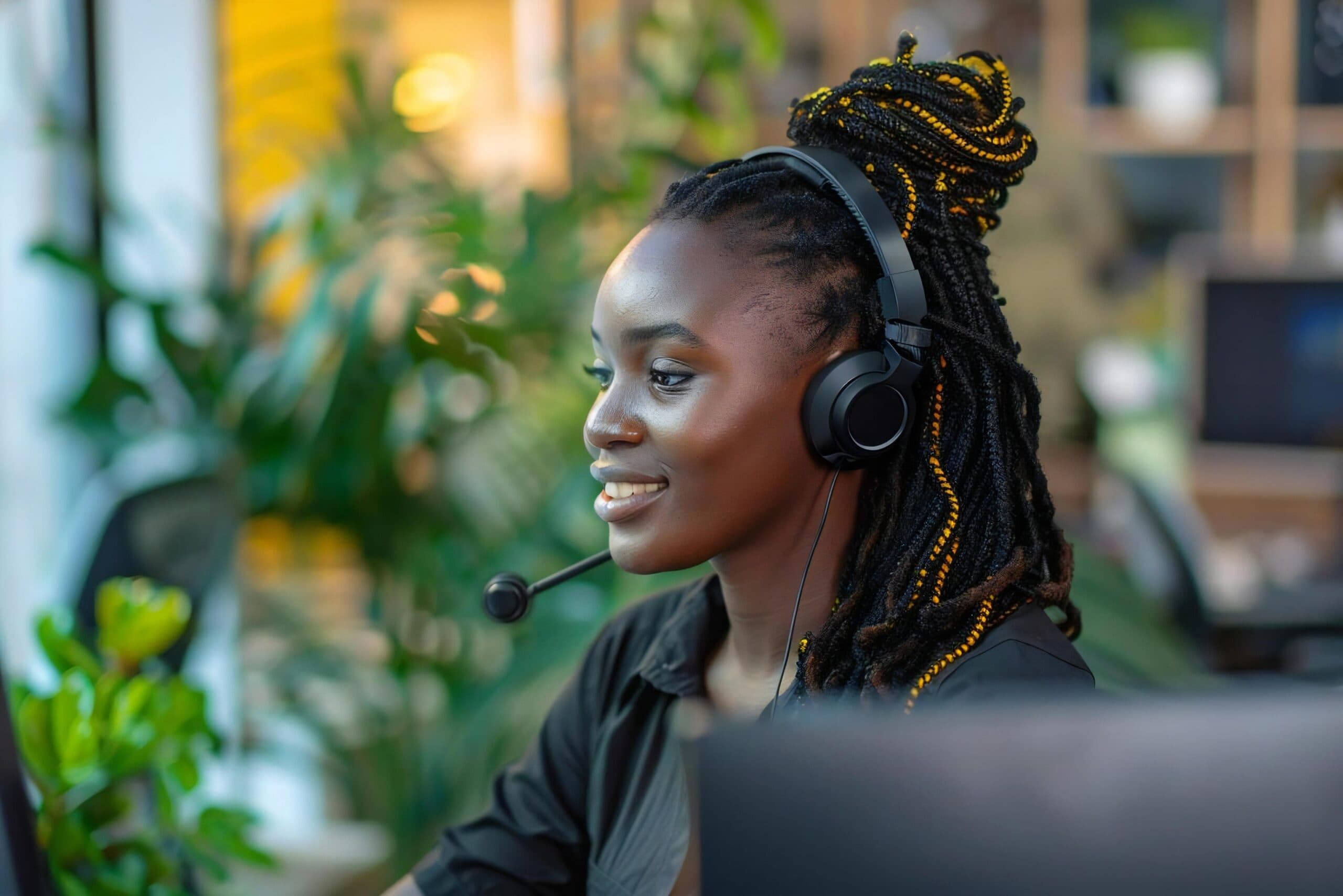 Young African American Woman excelling as a Professional Customer Support Agent in a Call Center Hub